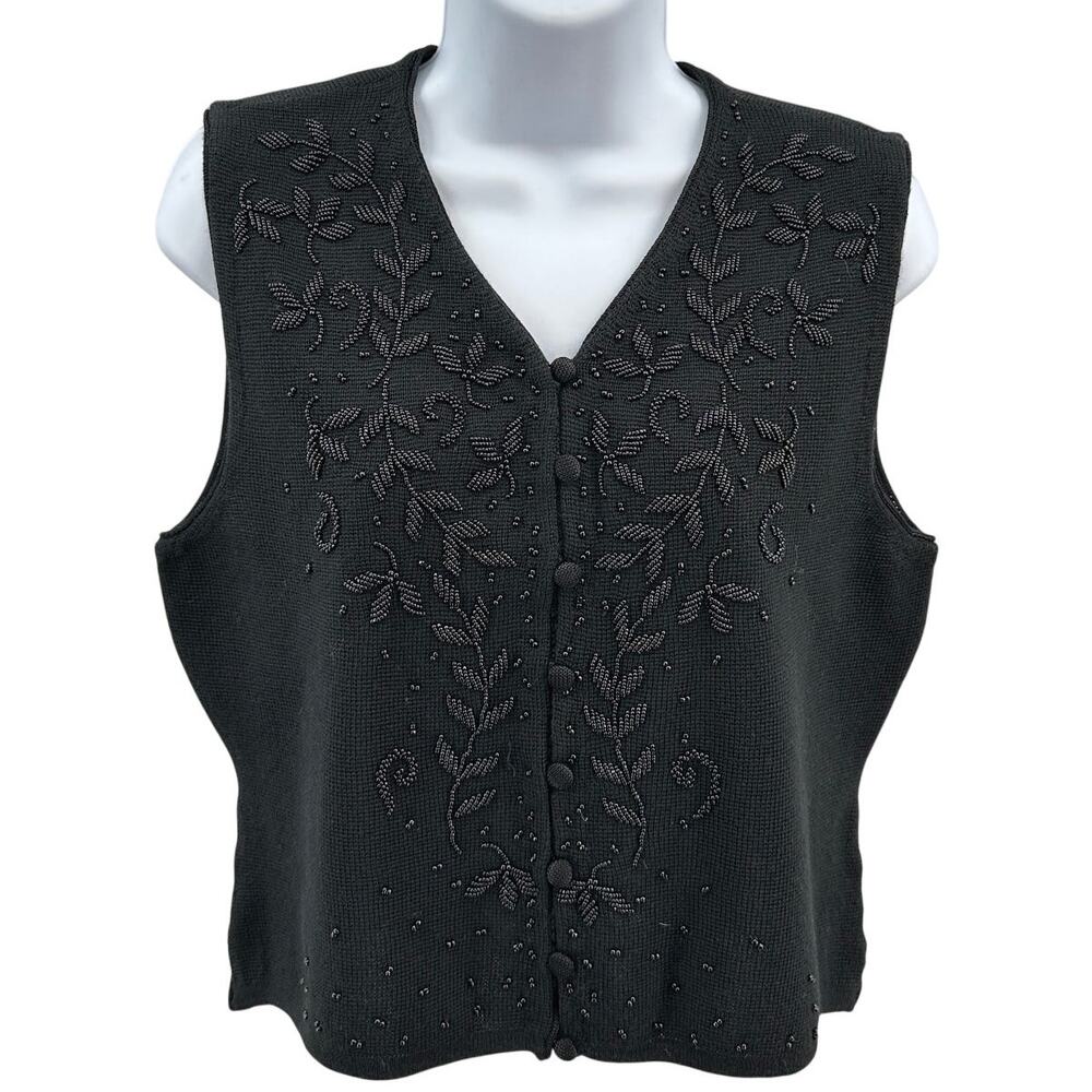 Liz Claiborne Vest WMNS SP Black Beaded Button Up V-Neck Wool Blend Waist Coat